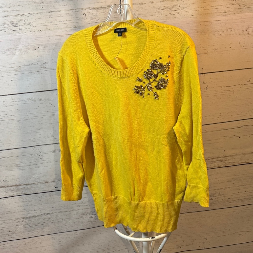 Talbots Yellow Embellished Sweater Women’s size XL Cotton/Cashmere blend
